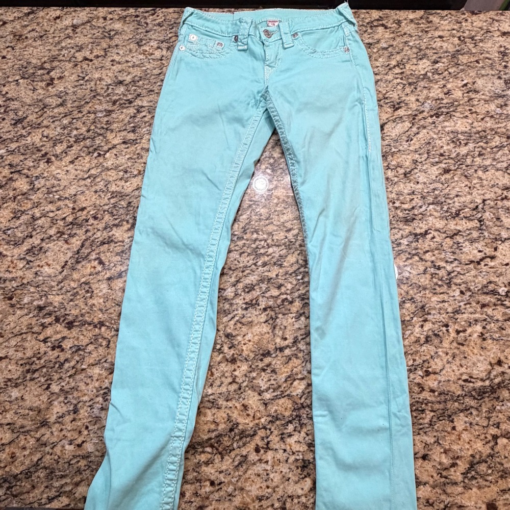 True Religion World Tour Skinny Jeans Aqua Turquoise Blue Stitch Size 28 ws